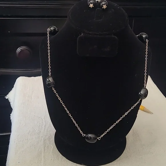 Necklace and earrings set, onyx and 925,17 inches - Picture 3 of 9